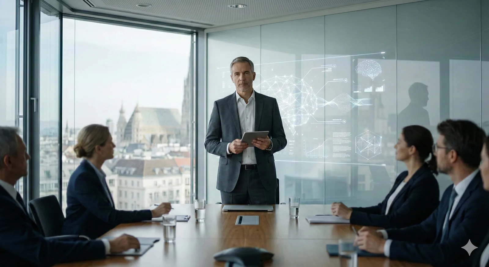 CEO-Schreibtisch mit Agenda, Laptop und KI-Notizen